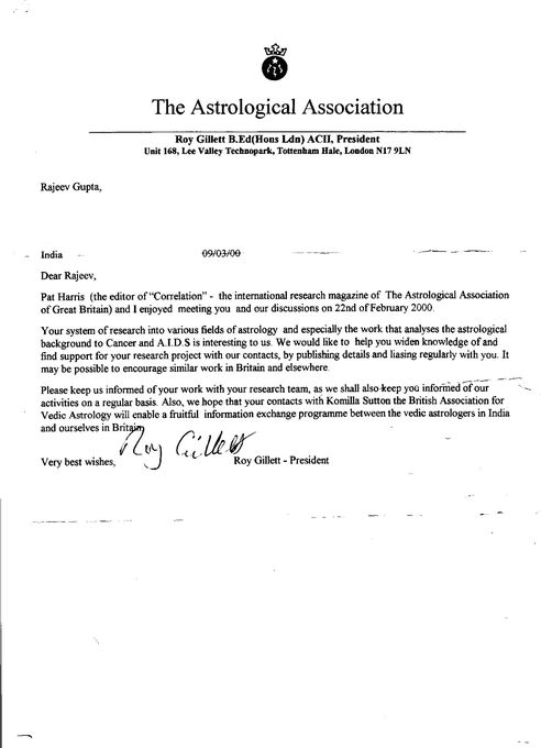Letter from Roy Gillett, President of The Astrological Association, March 2000