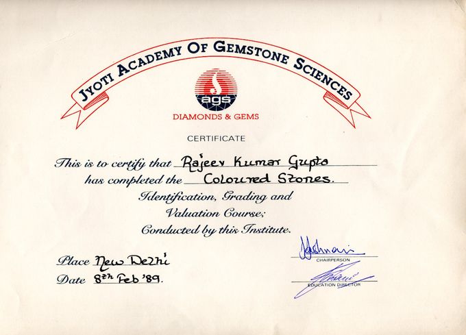 Certificate in coloured stones, Jyoti Academy of Gemstone Sciences, 1989