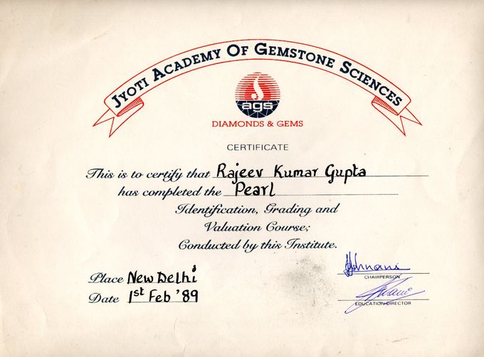 Certificate in pearls, Jyoti Academy of Gemstone Sciences, 1989