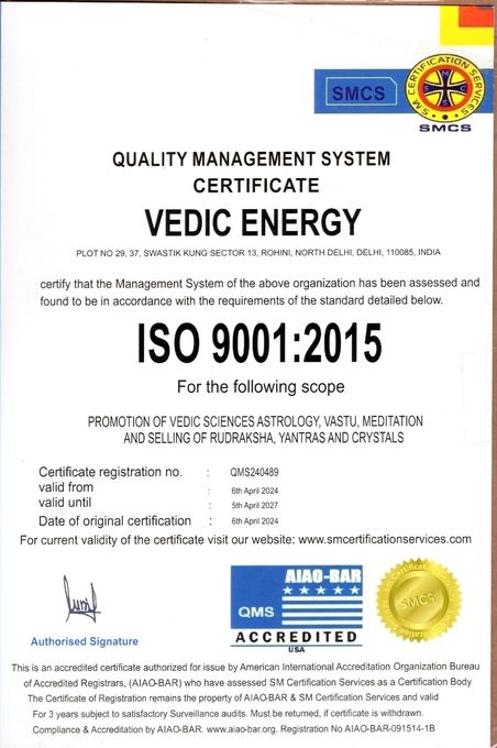 ISO 9001:2015 quality management system certificate for Vedic Energy